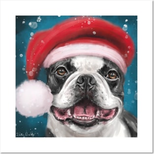 Painting of a Happy Boston Terrier Wearing a Santa Hat and Smiling on a Snowy Night Background Posters and Art